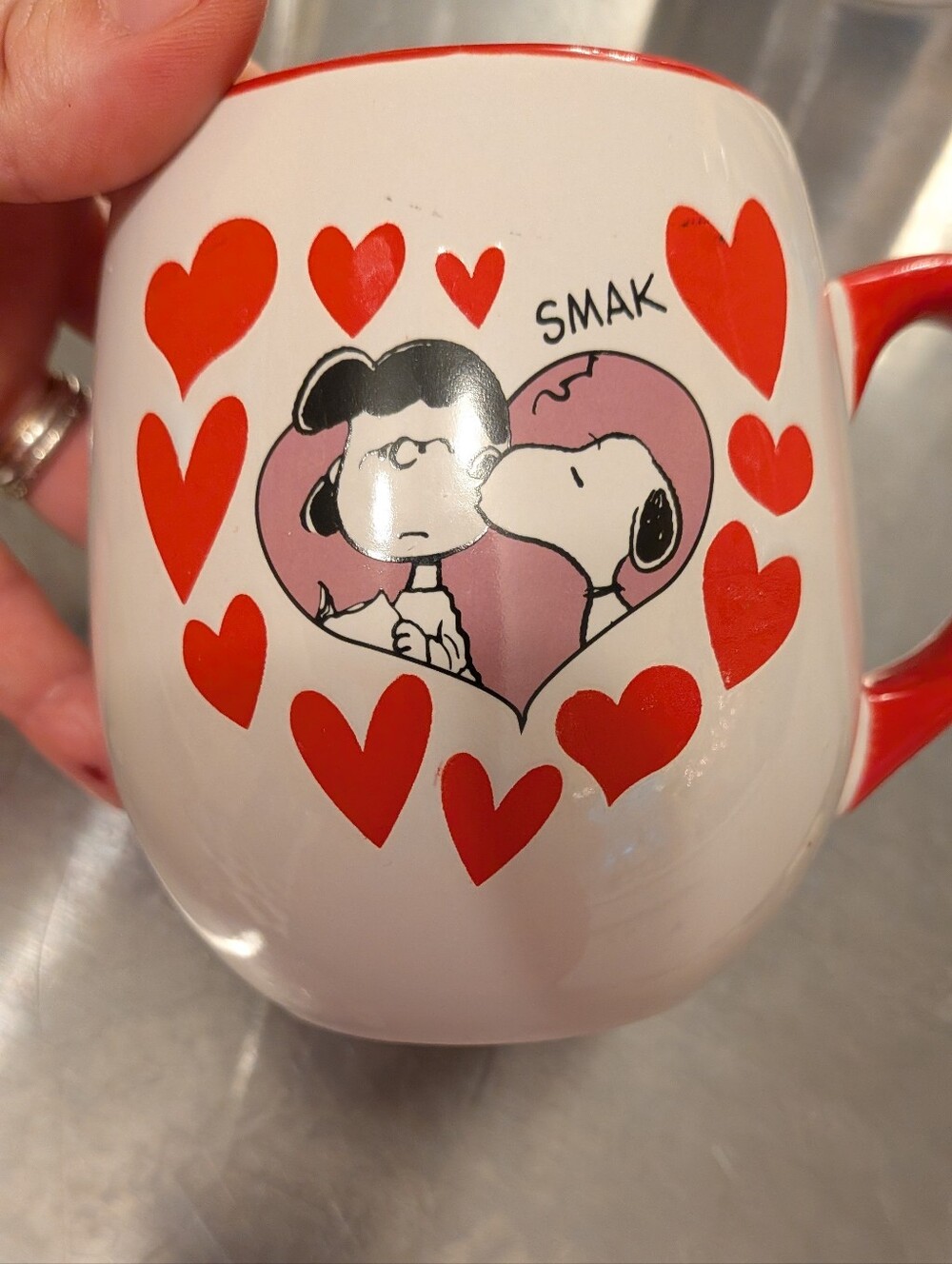 Peanuts White Ceramic Mug with Red Hearts and Pink Heart Center